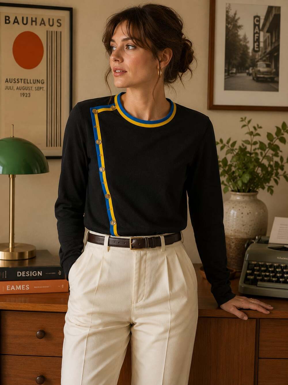 Carlisle Collection Black Knit Top L Gold Button Trim Career Chic Stretch